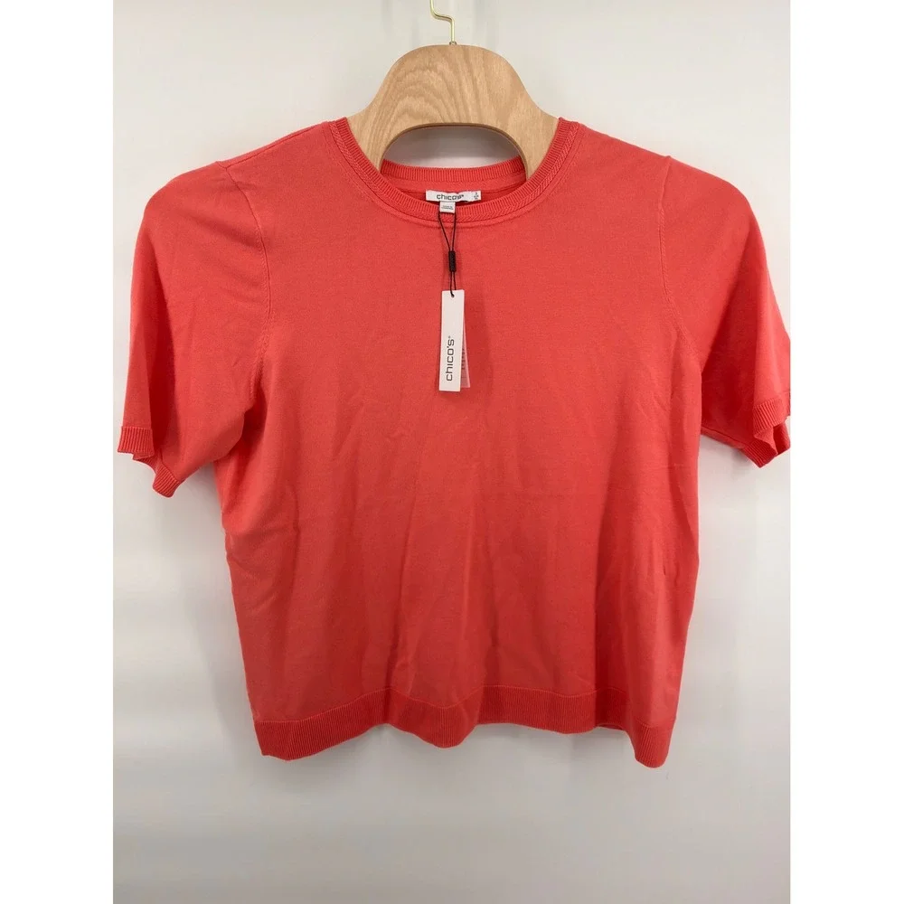 Chico's Coral Pink Short Sleeve Pullover Knit Sweater Top Viscose Blend NWT Sz 0